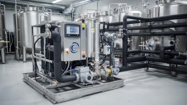 Skidmounted chiller unit in a controlled environment showing compact cooling equipment with insulated glycol lines ensuring precise temperature control for fermenters.