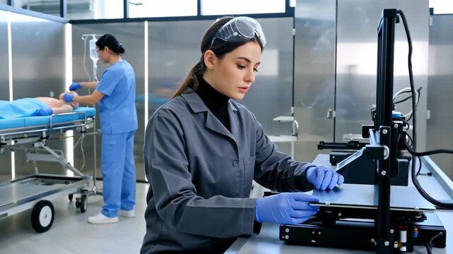 Focused young woman in lab coat operating a 3D printer in a modern laboratory with a medical professional in the background