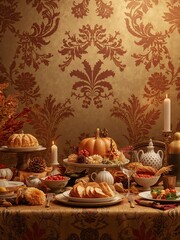 An elegant table setting prepared for a festive dinner celebration. Rich warm tones and harvest decorations create a luxurious and cozy holiday atmosphere.