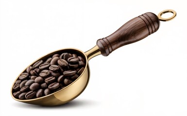 Elegant coffee beans in a golden scoop with a wooden handle isolated.