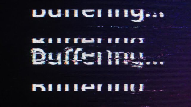 Glitched screen displays distorted buffering animation on dark background with technology failure