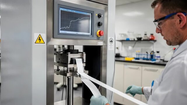 Medium shot of technician operating tensile strength tester on fabric strips assessing elongation and breaking point in controlled lab environment.