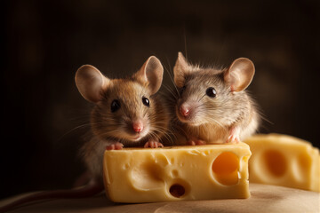 Fototapeta premium Two cute mice are standing on a block of swiss cheese with holes