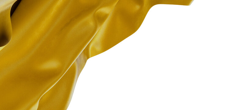 Luxurious golden fabric flowing in the wind against a white backdrop, perfect for design needs. Texture with elegant fol