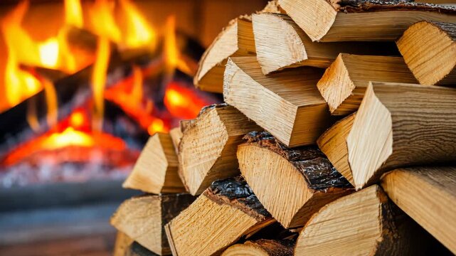Neatly stacked firewood logs with glowing fireplace flames in background, conveying warmth, winter comfort, cozy home atmosphere and rustic lifestyle concept
