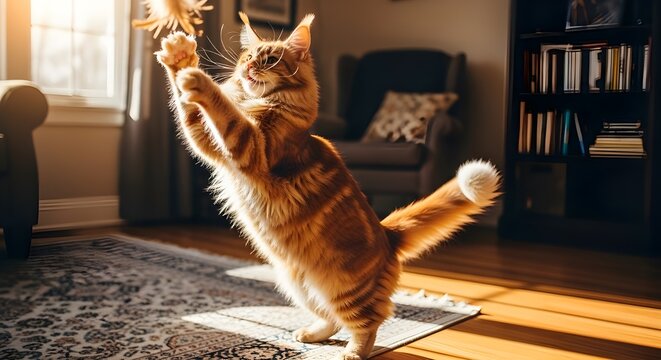 Cute Red Orange Maine Coon Cat Jumping in Cozy Home.