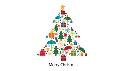 Fototapeta premium Festive Christmas tree made from a collage of holiday icons like gifts, umbrellas, snowflakes, and stars on a white background.