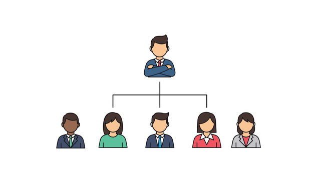 Organizational chart showing a company hierarchy with a leader at the top and five diverse team members connected below.