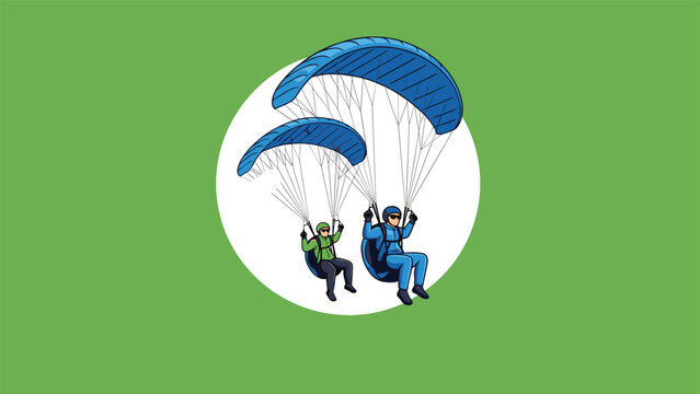 Two skydivers descend from the sky under bright blue parachutes against a solid green background representing teamwork in extreme sports.