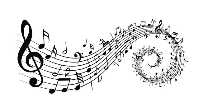Flowing black musical notes and symbols spiral gracefully on a white background to represent a symphony, melody, or creative inspiration.