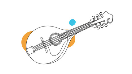Clean outline drawing of a mandolin musical instrument with orange and blue decorative circles for music and art concepts.