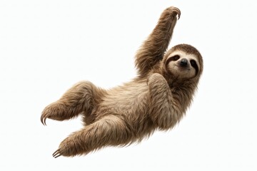 Naklejka premium Sloth Hanging Diagonally Isolated on White Background, Full Body, Natural Anatomy, Soft Light Stock Photo