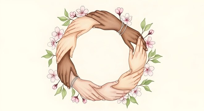  Diverse interlocked hands surrounded by spring blossoms for solidarity.