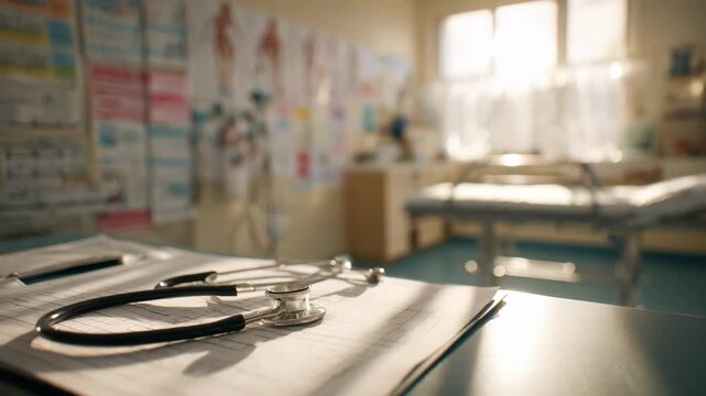Medium shot of a brightly lit general medicine examination room featuring an exam table and stethoscope in focus with vital signs charts softly blurred.