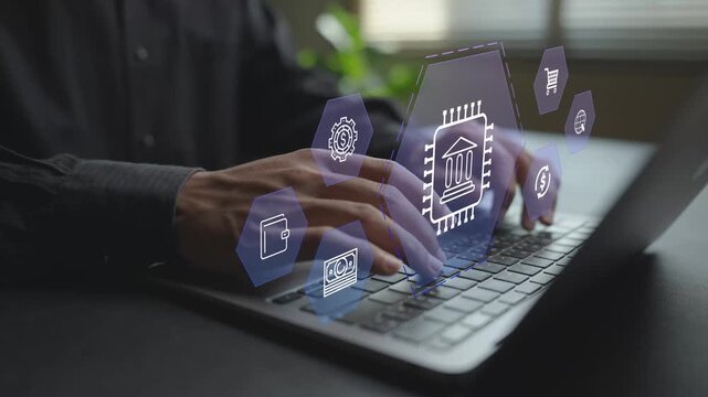 Digital fintech platform with virtual icons for banking, payments and analytics. Business professional accessing financial data and services via secure online systems.