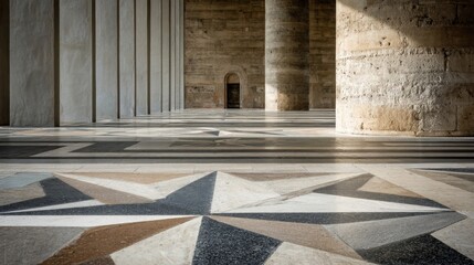 Fototapeta premium Polished Stone Floor with Intricate Geometric Inlays and Architectural Columns Casting Shadows