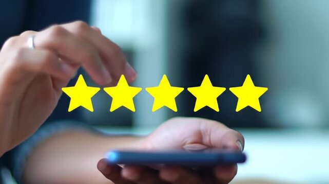 Online Review and Five-Star Rating Submission Concept. Hand Poised to Give Top Rating on Digital Platform. Customer Leaving Five-Star Feedback on Mobile Device.