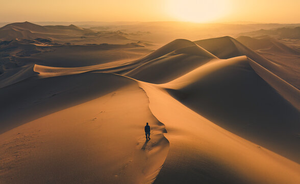 Aerial view of a lone figure stands atop the undulating dunes, painted in hues of gold and shadow by the setting sun, Illizi, Illizi Province, Algeria.