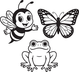 Obraz premium Cartoon bee, butterfly, and frog illustrations, playful black-and-white animal designs for kids