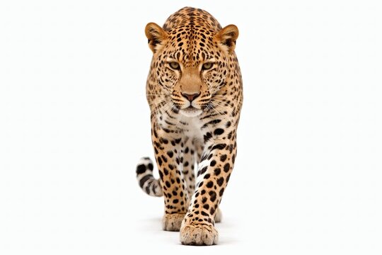 Spotted Leopard Walking Toward Camera Realistic Big Cat Isolated on White Background Premium Stock