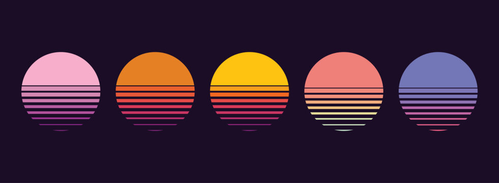 Retro sunset sun and water silhouette. Bright vintage 90s style summer logo or icon isolated on white background. 