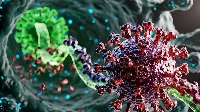 Microscopic View of RNA Virus Replication Showing Polymerase Error Creating a Mutated Variant With Altered Spikes During Assembly