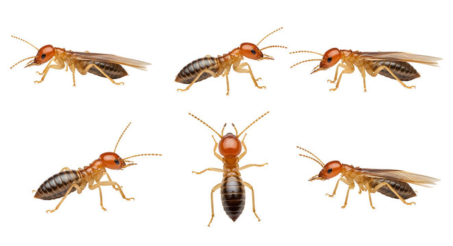 Multiple angles of subterranean termites, destructive household pests, showcasing their anatomy on a white background.