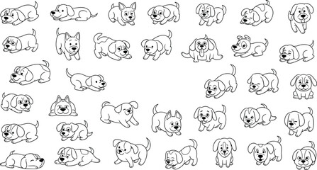 "Playful cartoon dog illustrations in multiple expressive poses and emotions, grid of characters for animation, design, pattern, and art"