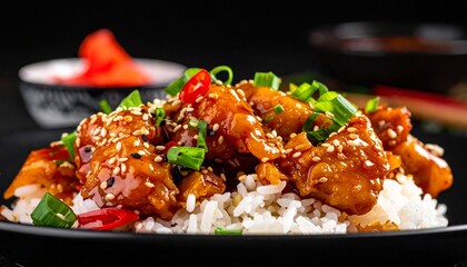 Kuchnia azjatycka - danie z ryżem kurczakiem i sezamem