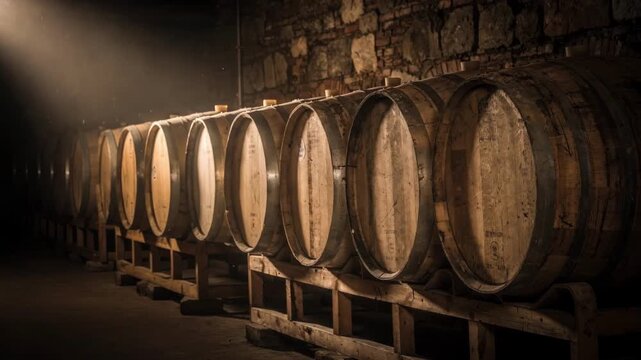 Rows of singlelayer wooden barrels resting on sturdy racks in a dark cellar highlighting craftsmanship and the aging process of unique brews.