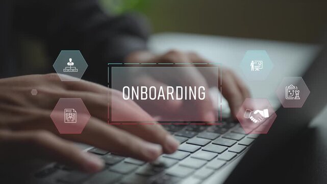 Employee onboarding concept focused on efficiency, engagement and smooth integration. Professional guiding new hires using a laptop based digital interface.