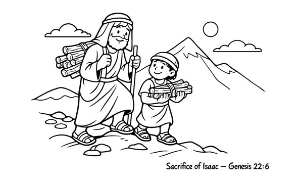 Abraham and Isaac journeying to Mount Moriah with firewood for sacrifice