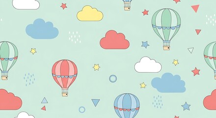 Whimsical Seamless Pattern with Hot Air Balloons and Clouds on Mint Background
