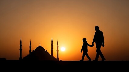 Father and Child Walking at Sunset.