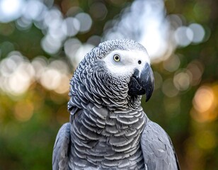 Obraz premium Close-up of a grey parrot with detailed plumage and a focused gaze