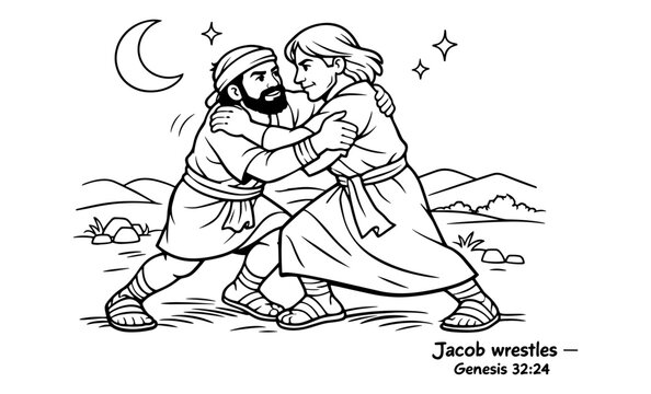 Jacob wrestles with an angel at night under the moon and stars