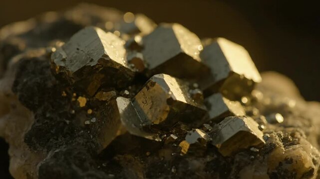Close-up of Pyrite Crystals on a Rocky Surface.