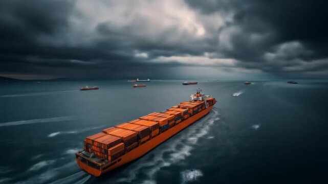 Large container ship loaded with cargo sailing on a dark, stormy sea under dramatic, cloudy skies, symbolizing global trade logistics.