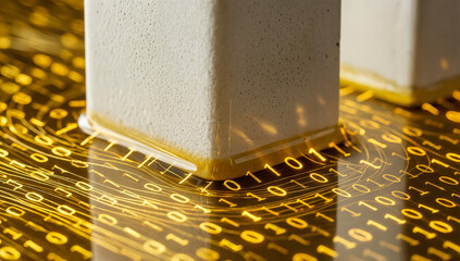 Golden binary code streams around a textured white pillar, representing digital infrastructure and data flow