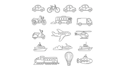 Vehicles in Line Art Style: A collection of various vehicles, including cars, bicycles, planes, and more, all rendered in a clean, minimalist line art style.