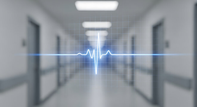 Digital EKG heartbeat line display over blurred hospital corrido