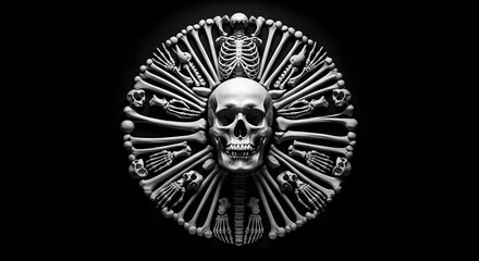 Obraz premium A striking black and white image of a skull surrounded by bones