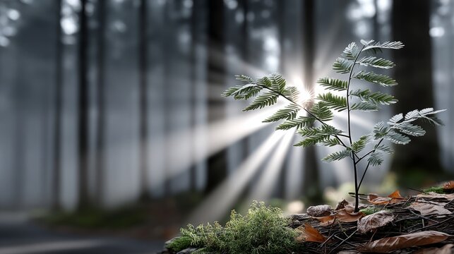Sunlight breaks through the trees, highlighting a fern growing on the forest floor in the morning