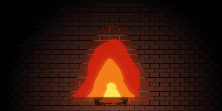 A burning fire is seen in a brick fireplace indoors