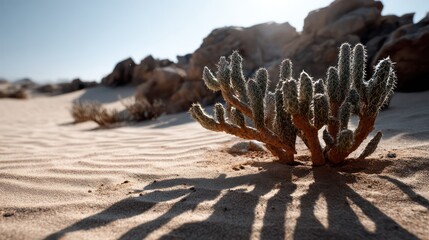 Spiky desert flora casts long shadows across sunlit rippled sand dunes.