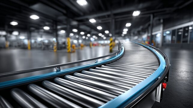 A conveyor belt moves products in a spacious warehouse where workers are busy with tasks related to logistics