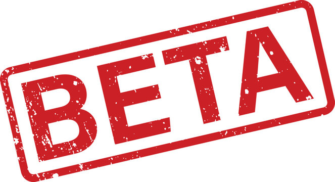 A distinctive red beta rubber stamp with a textured appearance positioned centrally on a clean white background