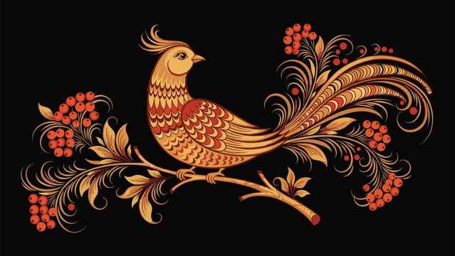 Traditional Russian Khokhloma style painting of a golden firebird on a branch with red berries on black background.