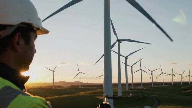 Technician inspecting wind turbines at sunset using handheld anemometer at renewable energy wind farm.