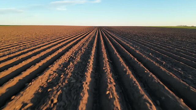 Perspective shot of a freshly tilled field, furrowed rows under a soft sky